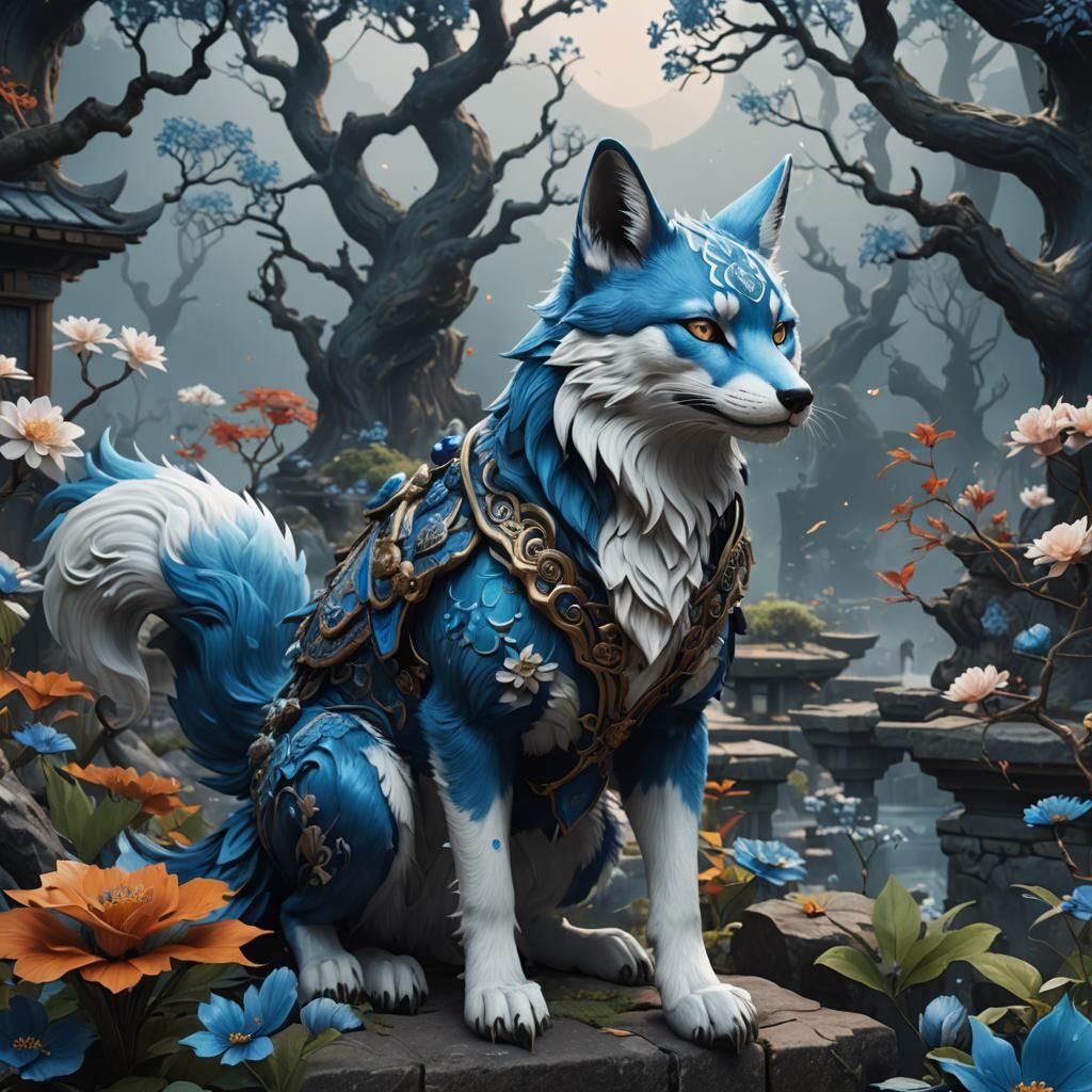 Detailed Blue Kitsune Fantasy Concept Art