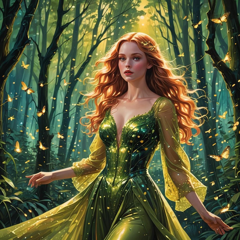 Magical Forest Sunset with Auburn Haired Woman