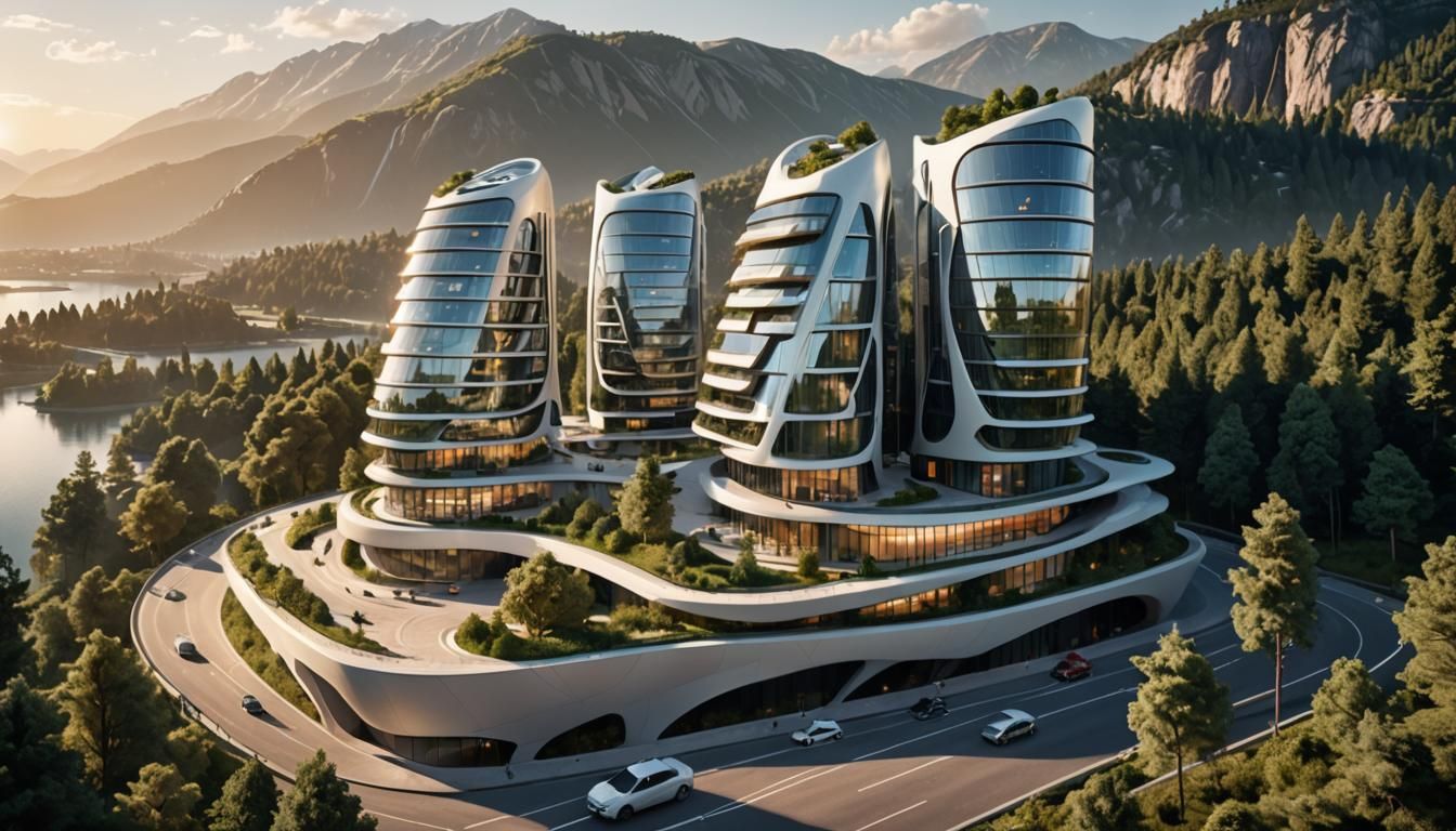 Futuristic High-Rise Apartment Building in Matte Painting St...