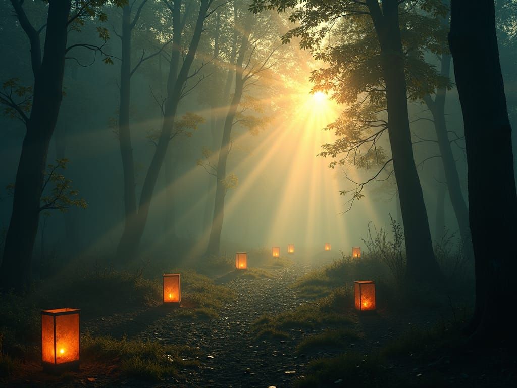 Dawn Light Illuminates Misty Forest Scene