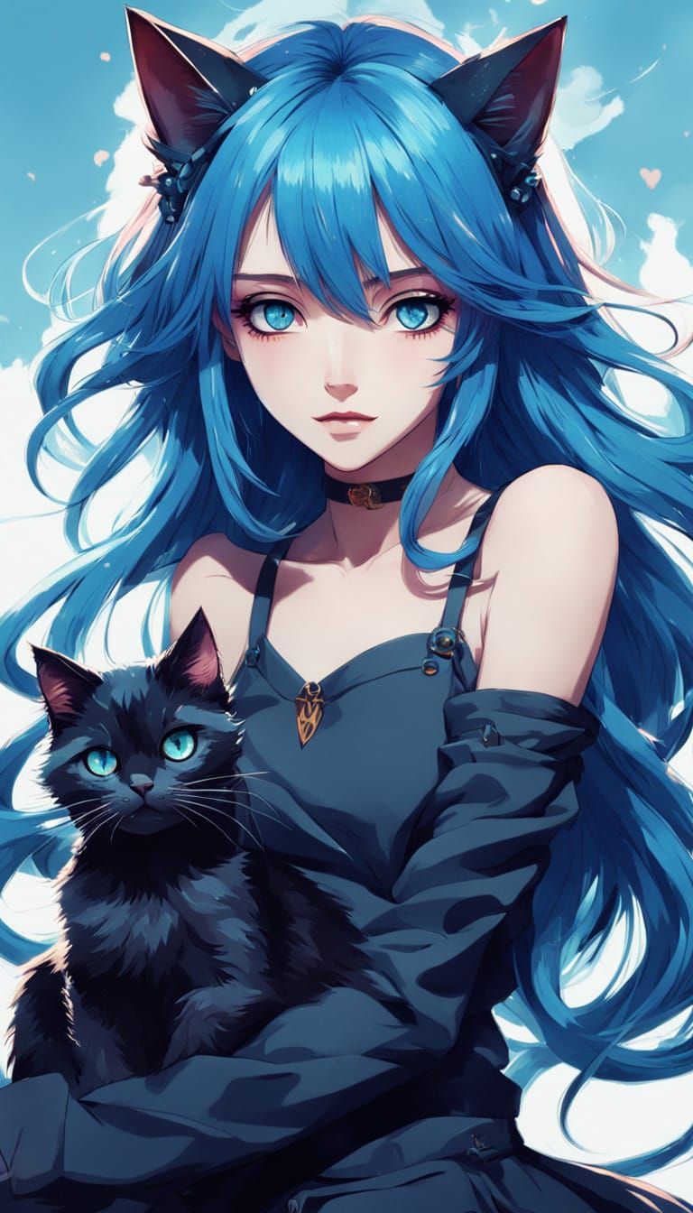 Anime Girl with Blue Hair and Cat Ears Sits Serenely