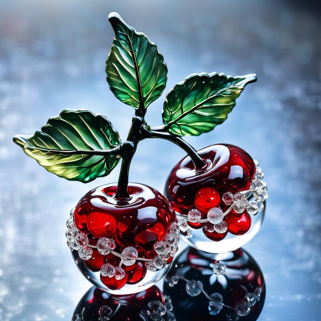 Intricate Glass Crystal Cherries Revealing Sparkling Univers...