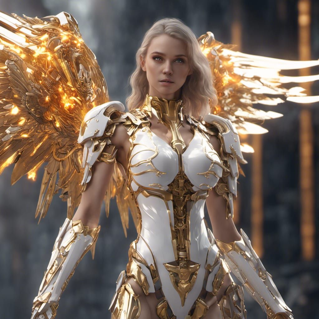 Epic Angel with Flaming Sword in Synthwave Style