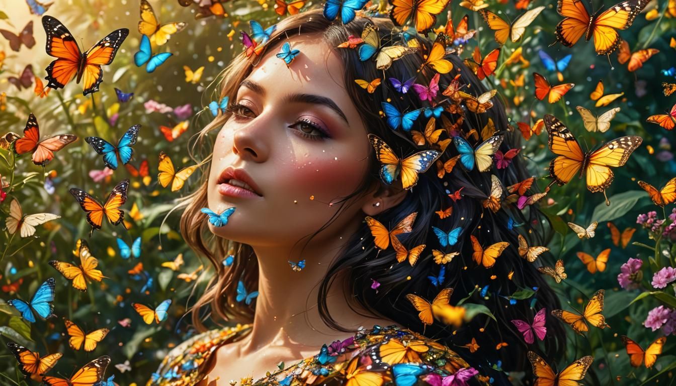 Woman Surrounded by Butterflies: Hyper-Realistic Digital Art