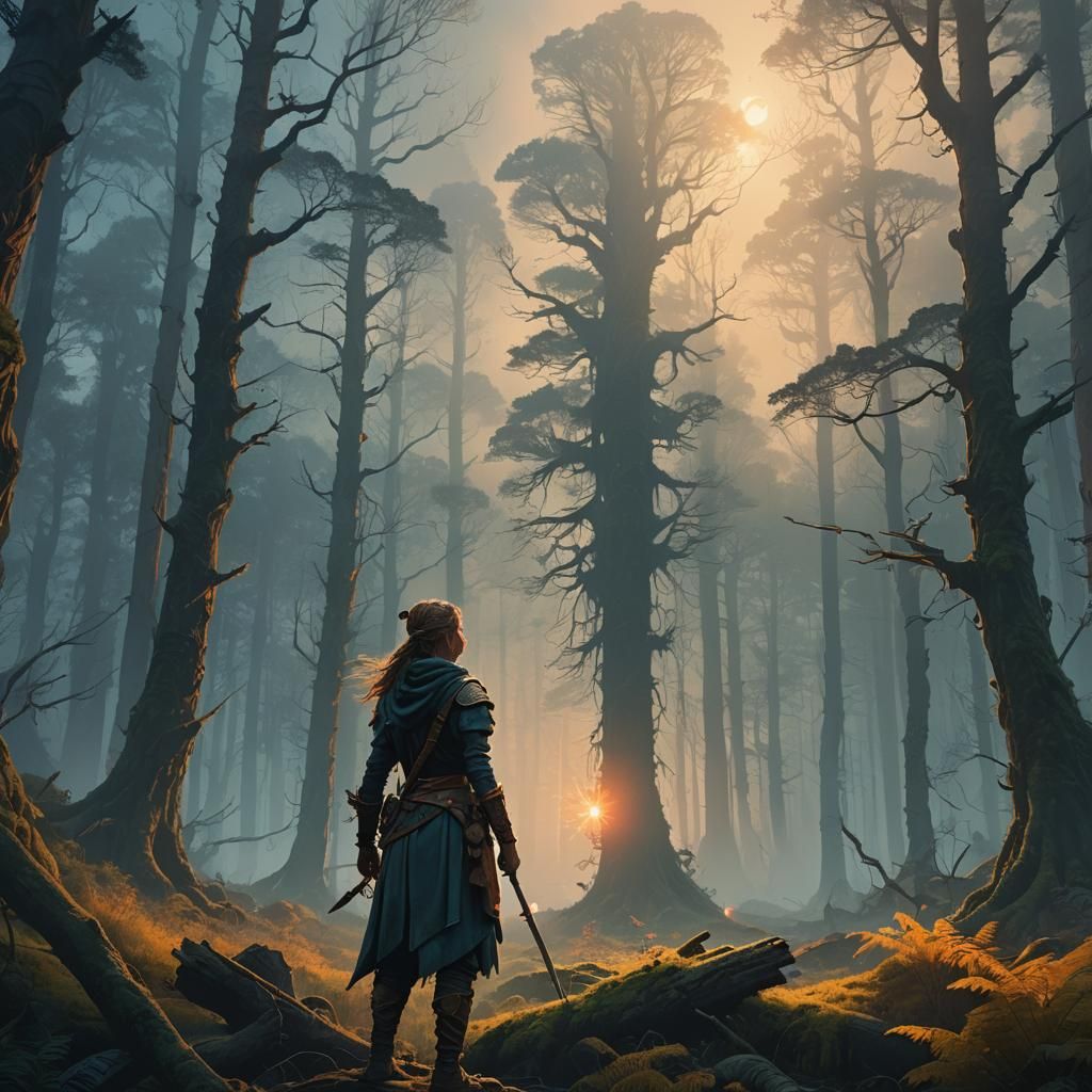 Mystical Warrior in Ancient Forest: Fantasy Concept Art