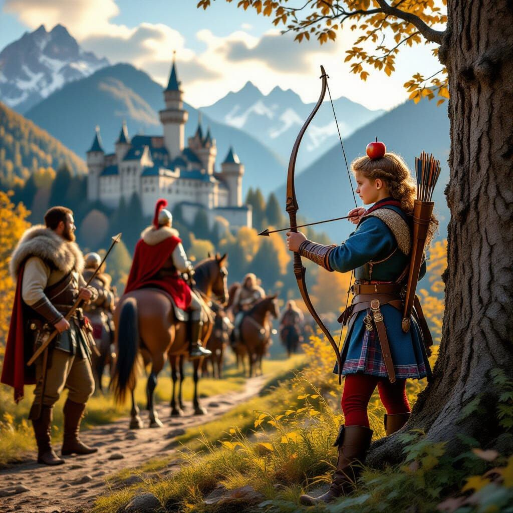 Golden Hour Medieval Archer Scene with Castle