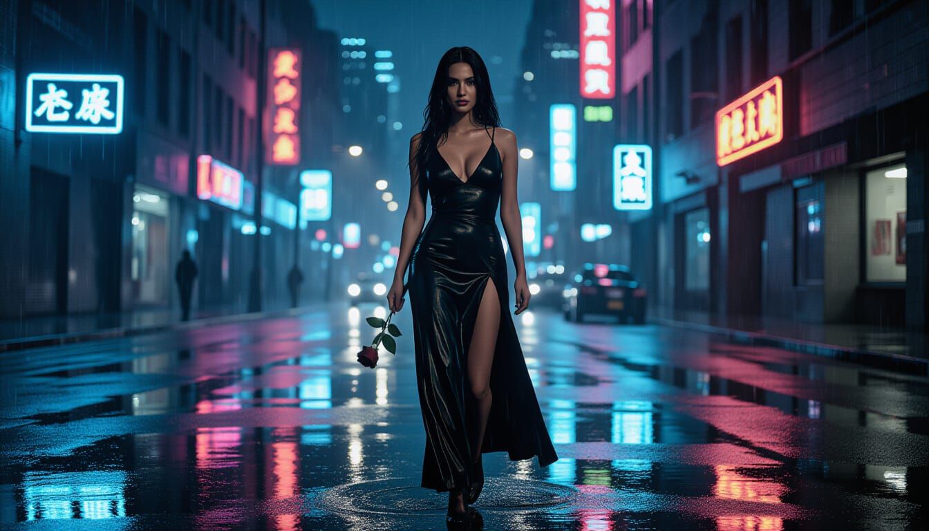 Supermodel in Neon City Night, Film Noir Style