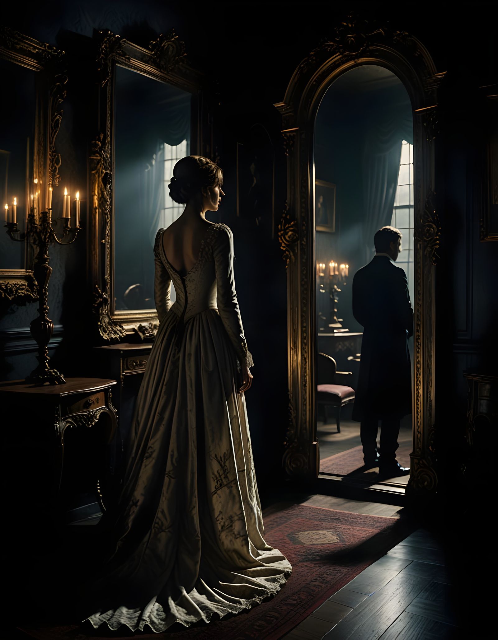 Ethereal Bride Stares into Haunting Mirror