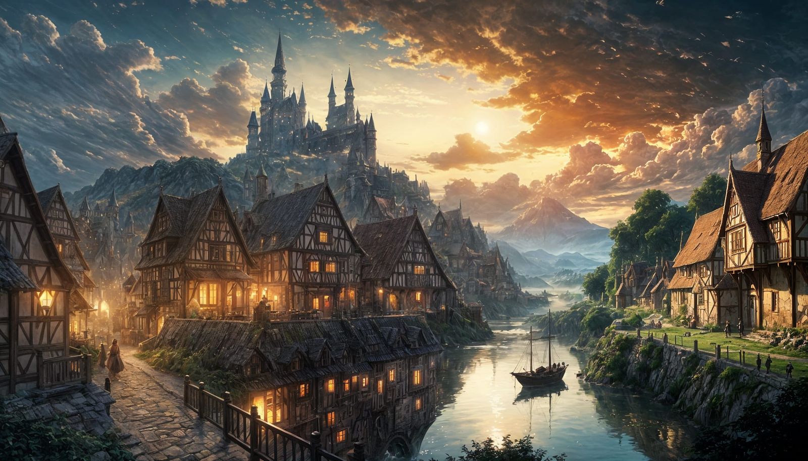 Mystical Medieval Town Landscape at Sunset