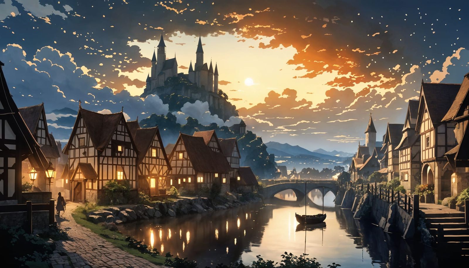Fantasy Medieval Town at Sunset in Anime Style