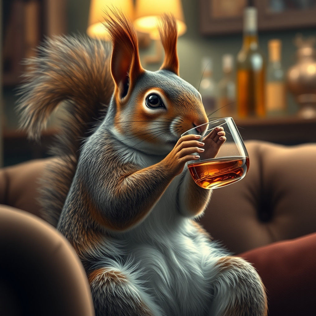 Squirrel at Party Drinks Whisky in Hyperrealism