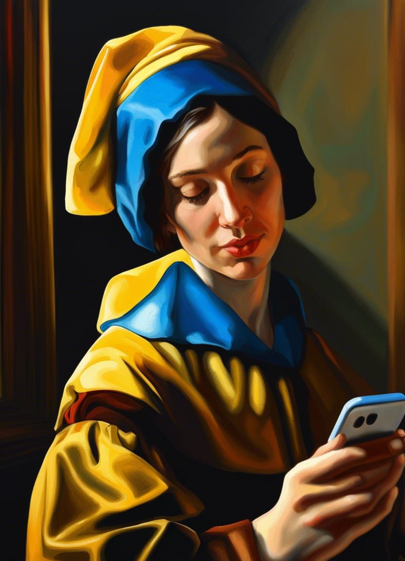 Woman with Cellphone in Vermeer Style Painting
