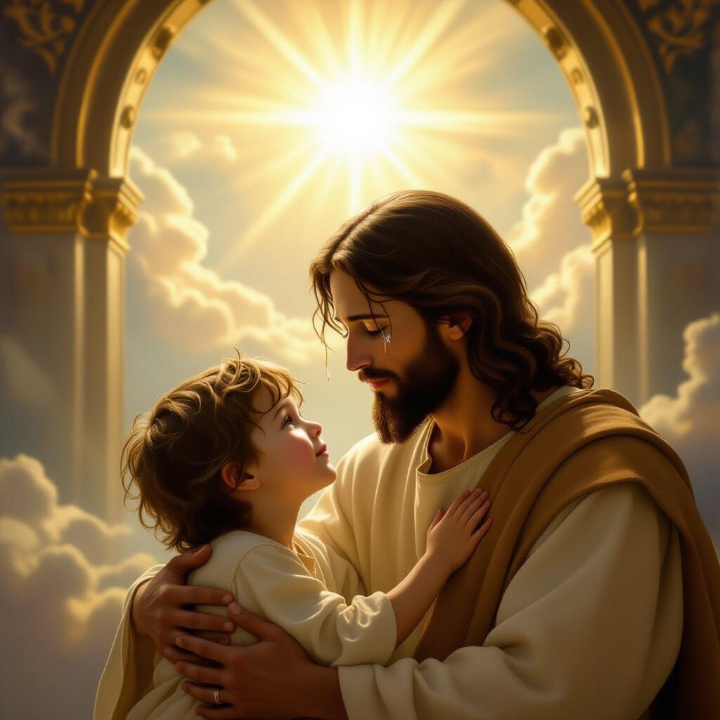 Jesus Comforts Crying Boy Before Heaven's Gates