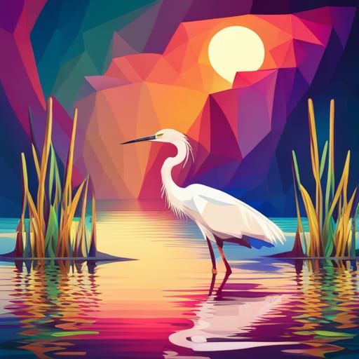 Geometric Egret Amid Reeds in Abstract Fractal Art