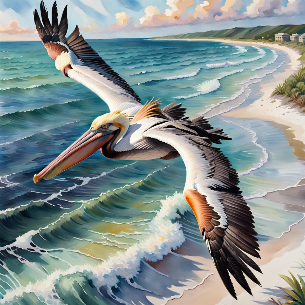 Breathtaking pelican flying overhead