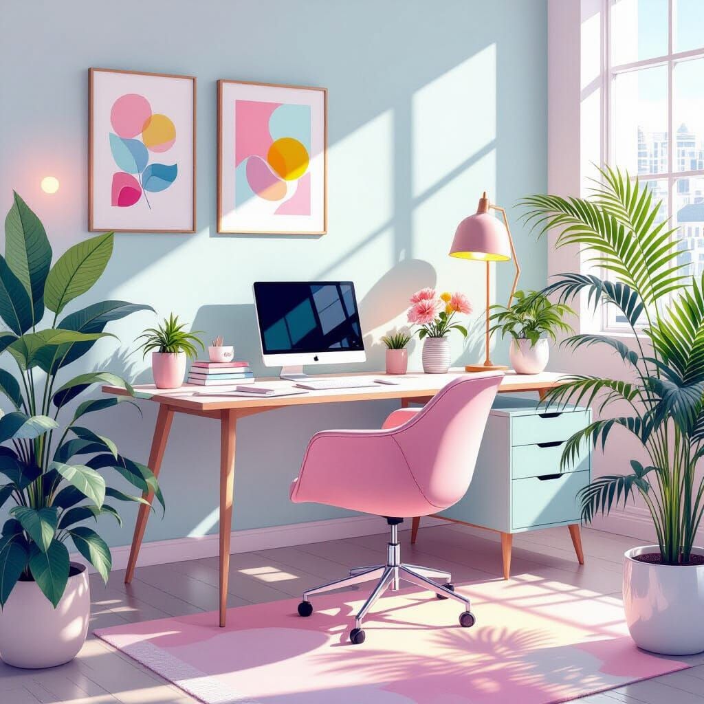 Ethereal Office Painting in 60s Boho Style