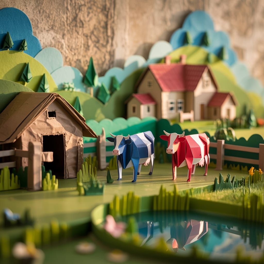 Papercraft Cows Behind Fence Summer Afternoon