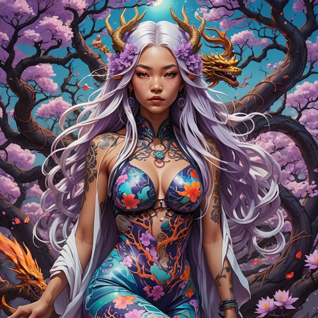 Cyberdelic Portrait of Curvy Model in Miyazaki Style