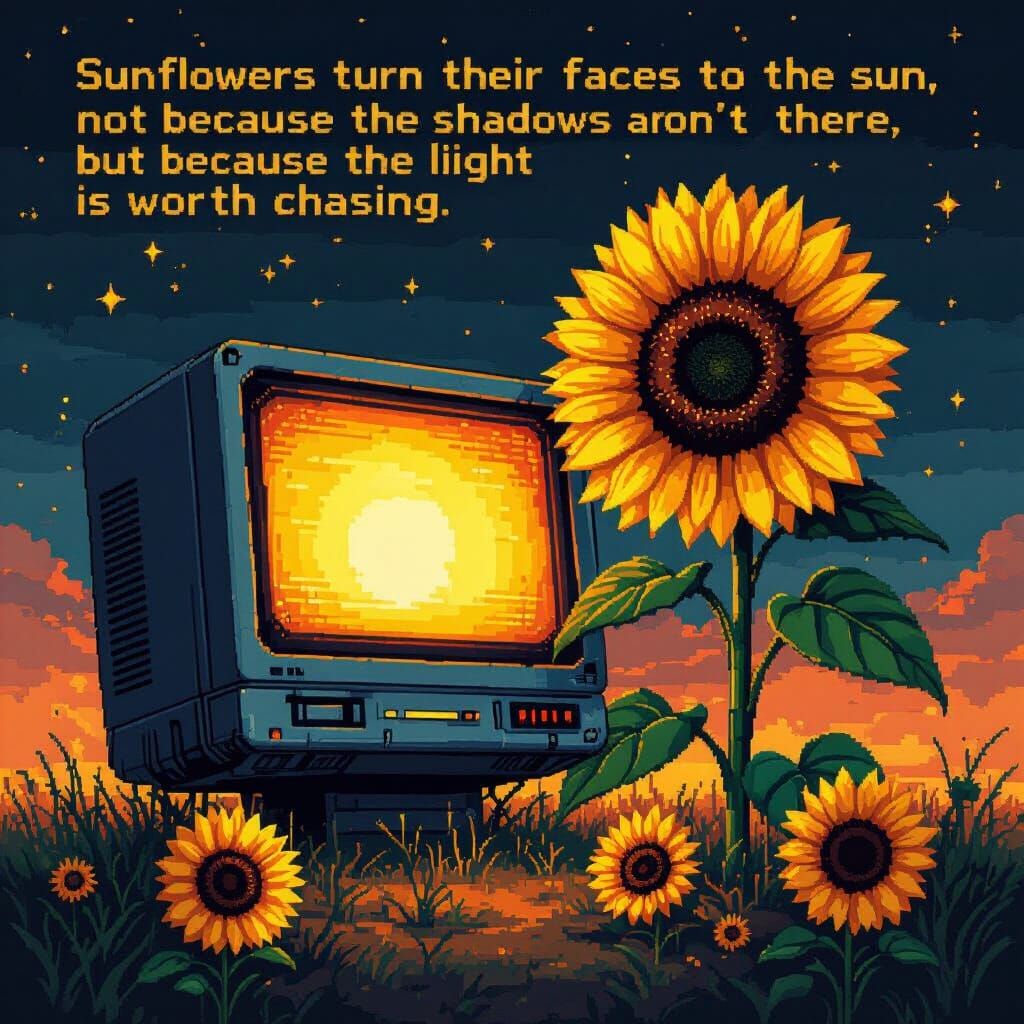 Pixel Art Computer with Sunflower Quote in Retrowave Style