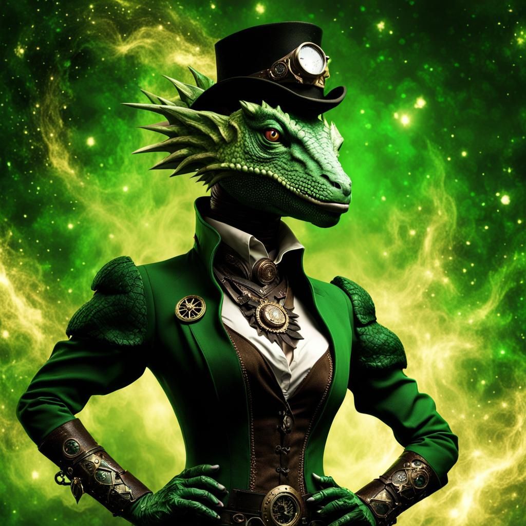 steampunk lizardfolk girl