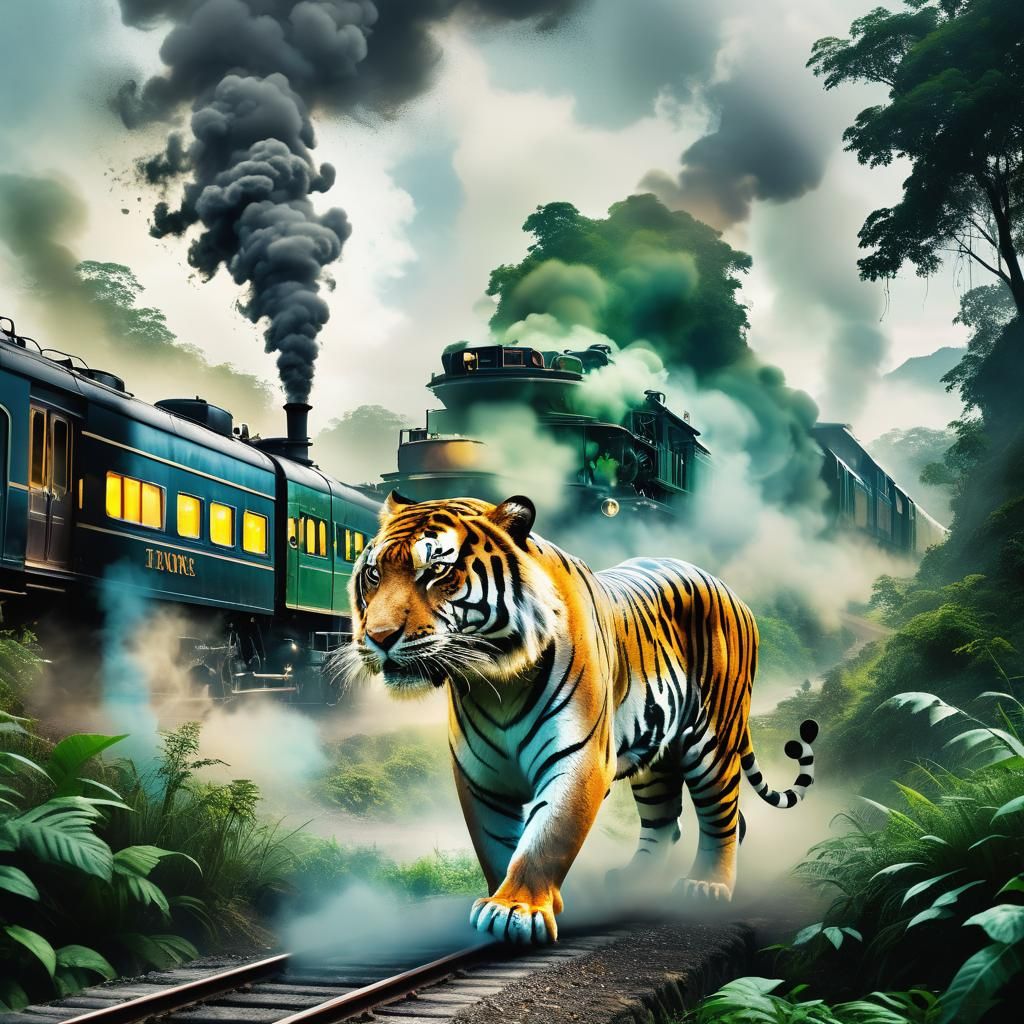 Tiger and Train: A Double Exposure Fantasy