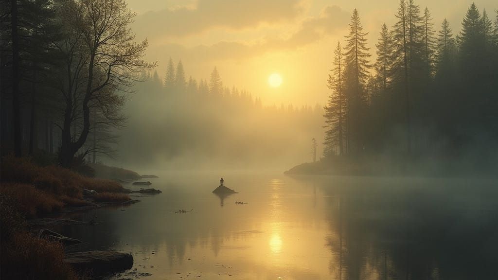 Mystical Black Lake Landscape in Oil Painting Style