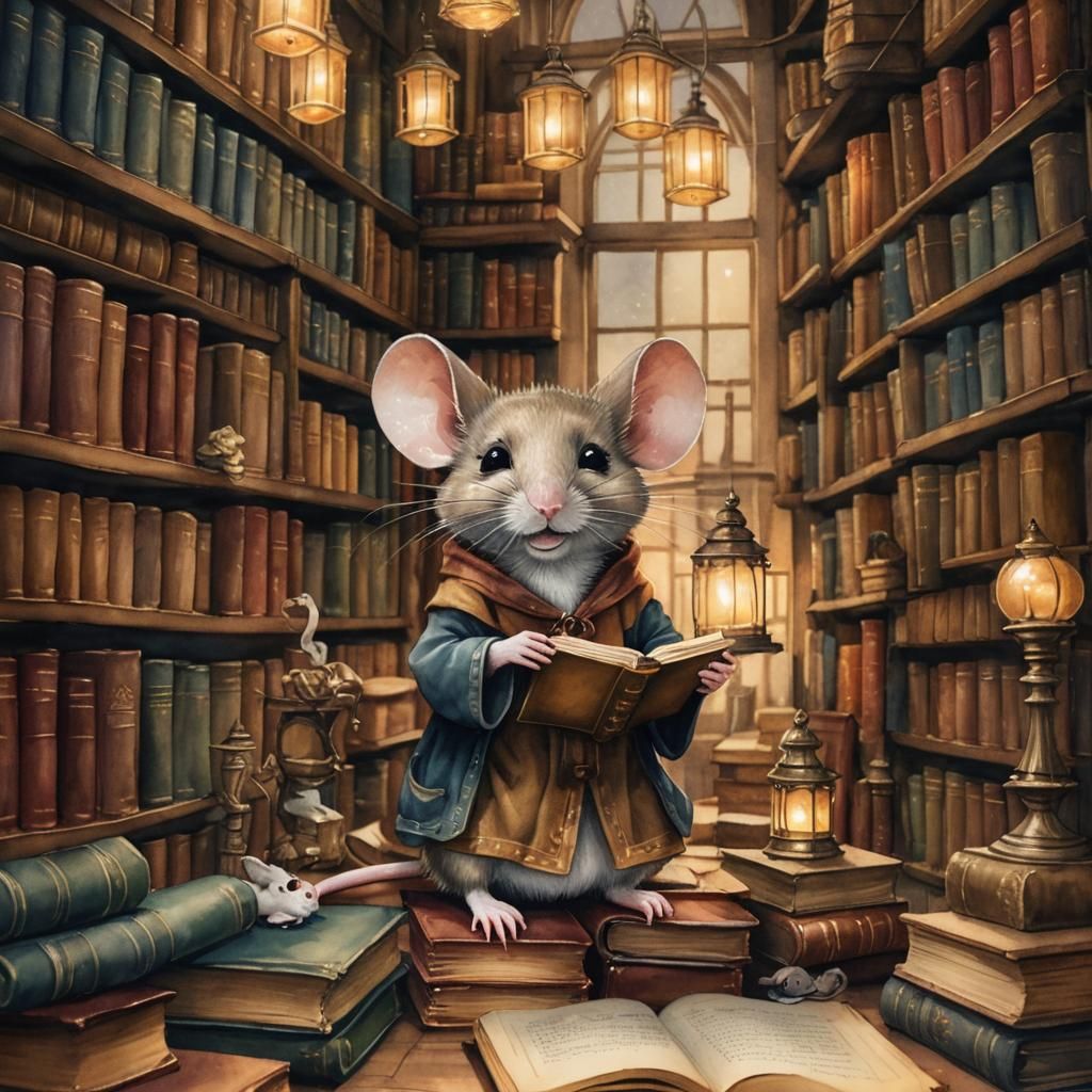 Mouse Librarian in Mystical Library: Whimsical Watercolor Ar...