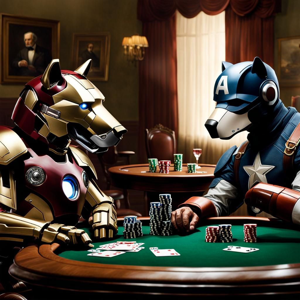 Ironman and Captain America Play Poker, Photorealistic Style