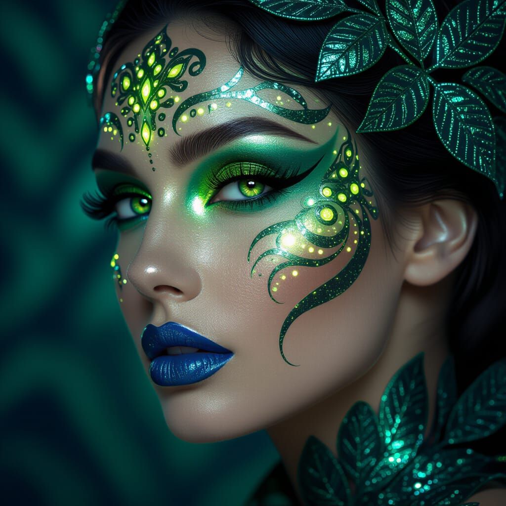 A dramatic, close-up artistic portrait showcases a striking ...