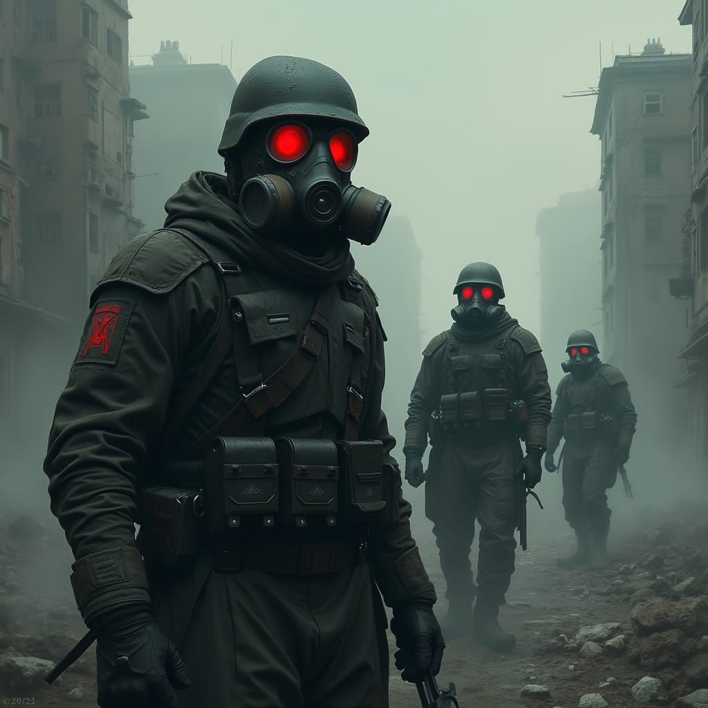 Futuristic Soldiers in a Foggy Dystopian City