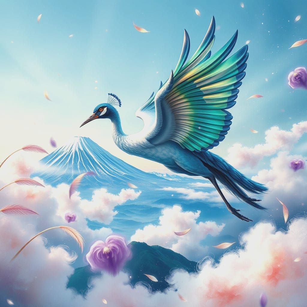 Magnificent Peacock Crane Soars Over Mt. Fuji in Vibrant Wat...
