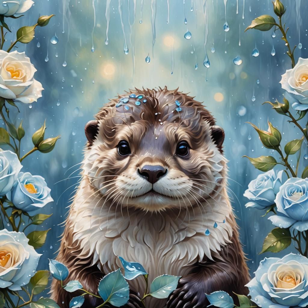 Fluffy Otter on Dewy Rose: Whimsical Oil Painting