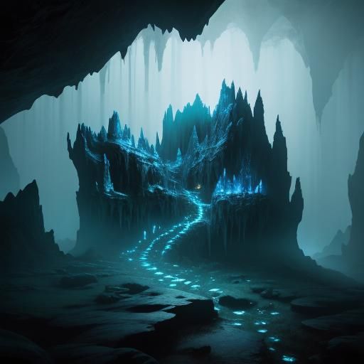 Dreamlike Fantasy Cave with Luminescent Minerals