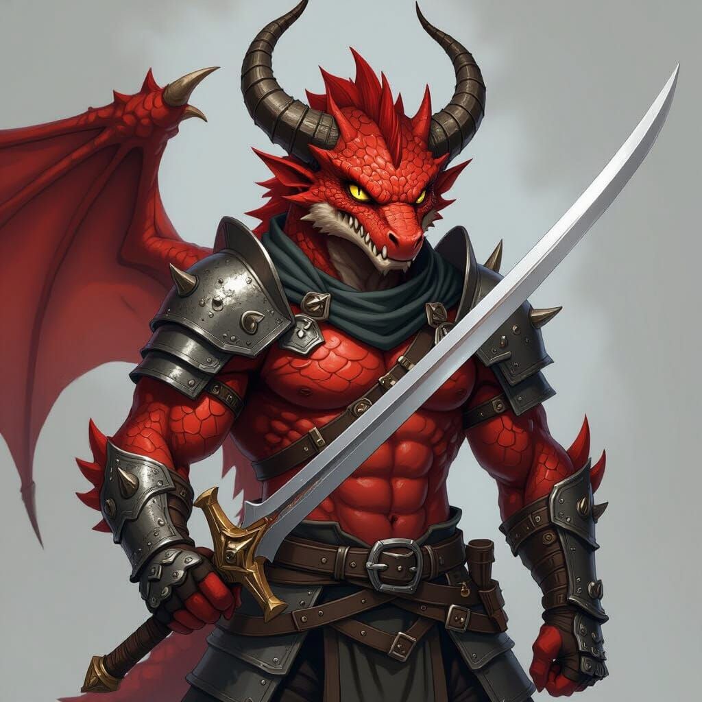 Dragonborn Warrior with Red Scales and Golden Eyes