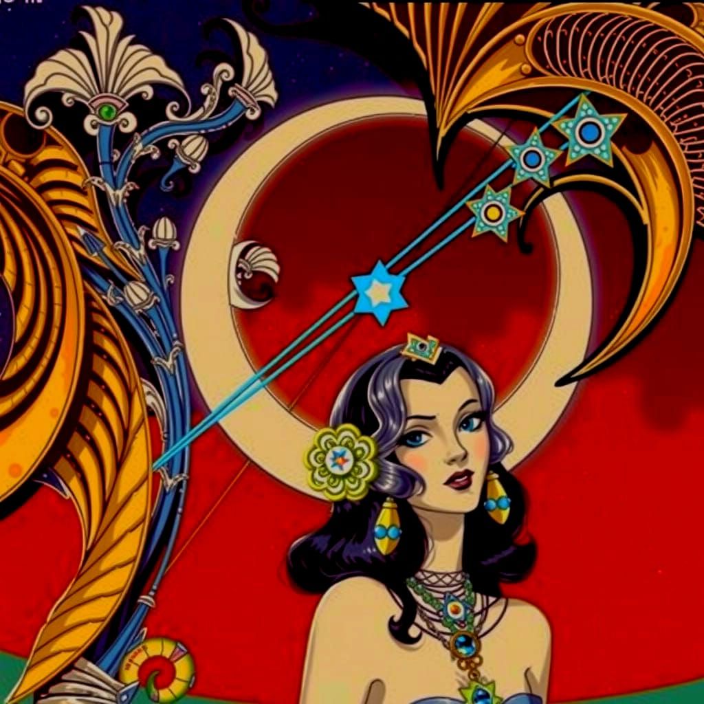 A Girl Under Art Deco's Blue Sky with a Vibrant Moonlit Sett...