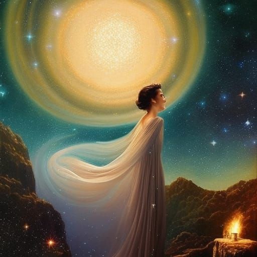 Surrealist Woman Searches for Stars in Dreamscape