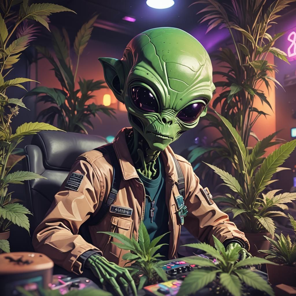Alien Stoner in Vibrant Low-Poly Retro-Futuristic Style