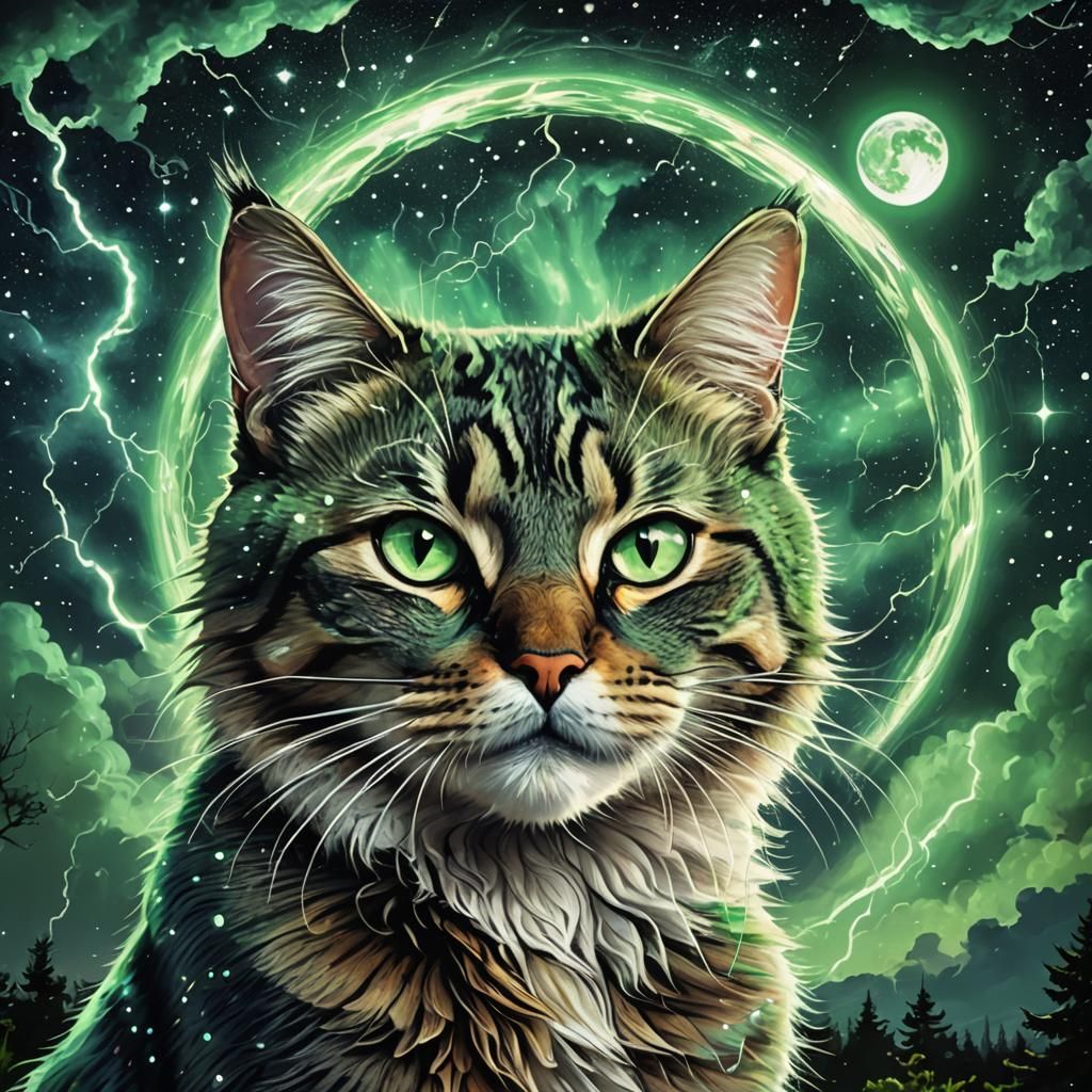 Green Eyed Cat Under Starry Night Sky