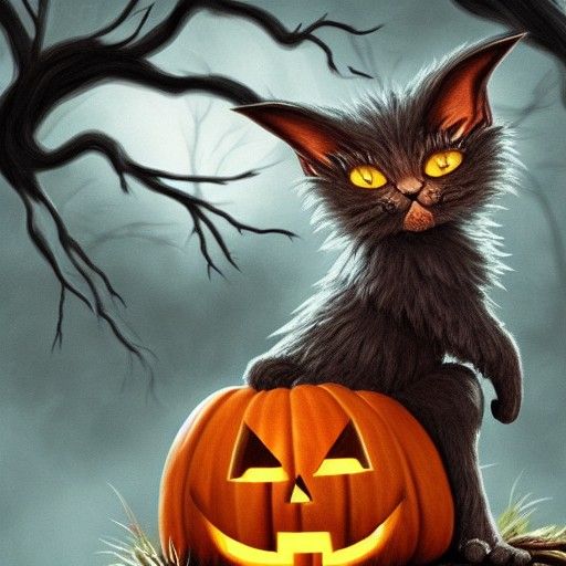 Furry Goblin Cat on Pumpkin in Gothic Fantasycore