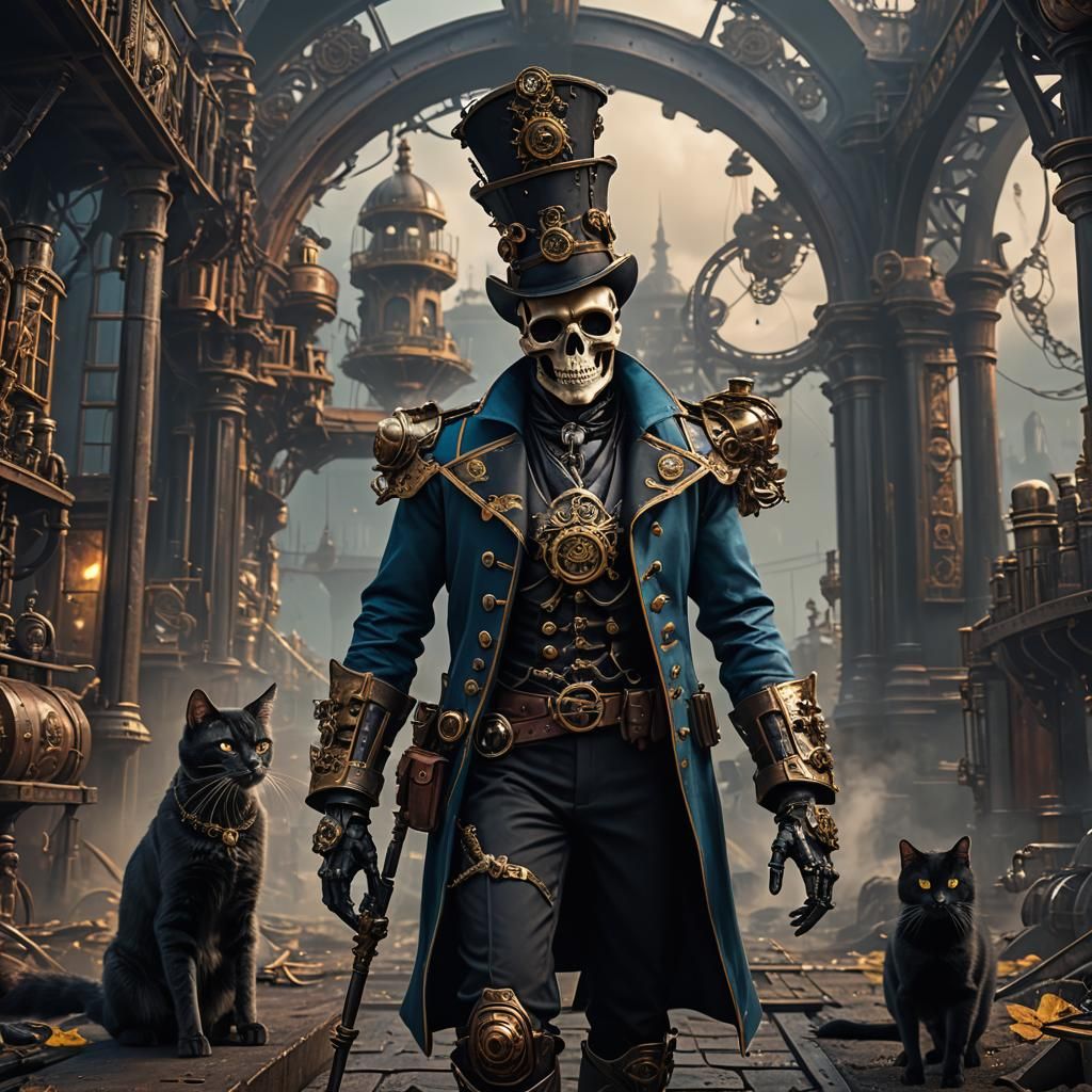 Steampunk Skeleton Captain with Black Cat