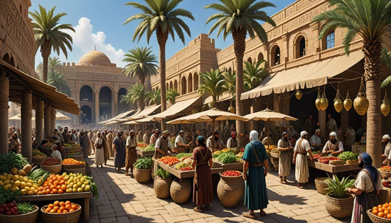 Vibrant Babylonian Marketplace in Ancient Sumerian Style