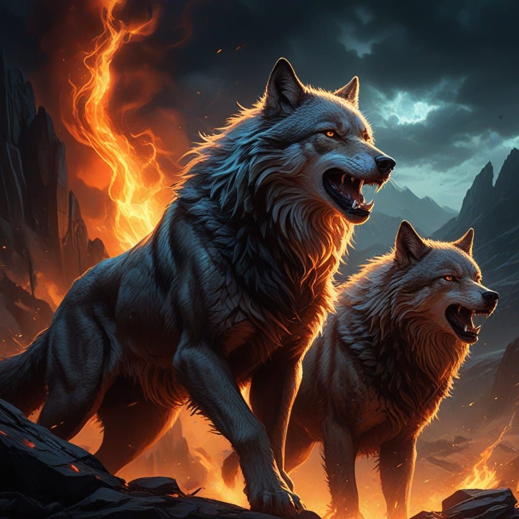 Fiery Wolves Unleashed in Stormy Highlands