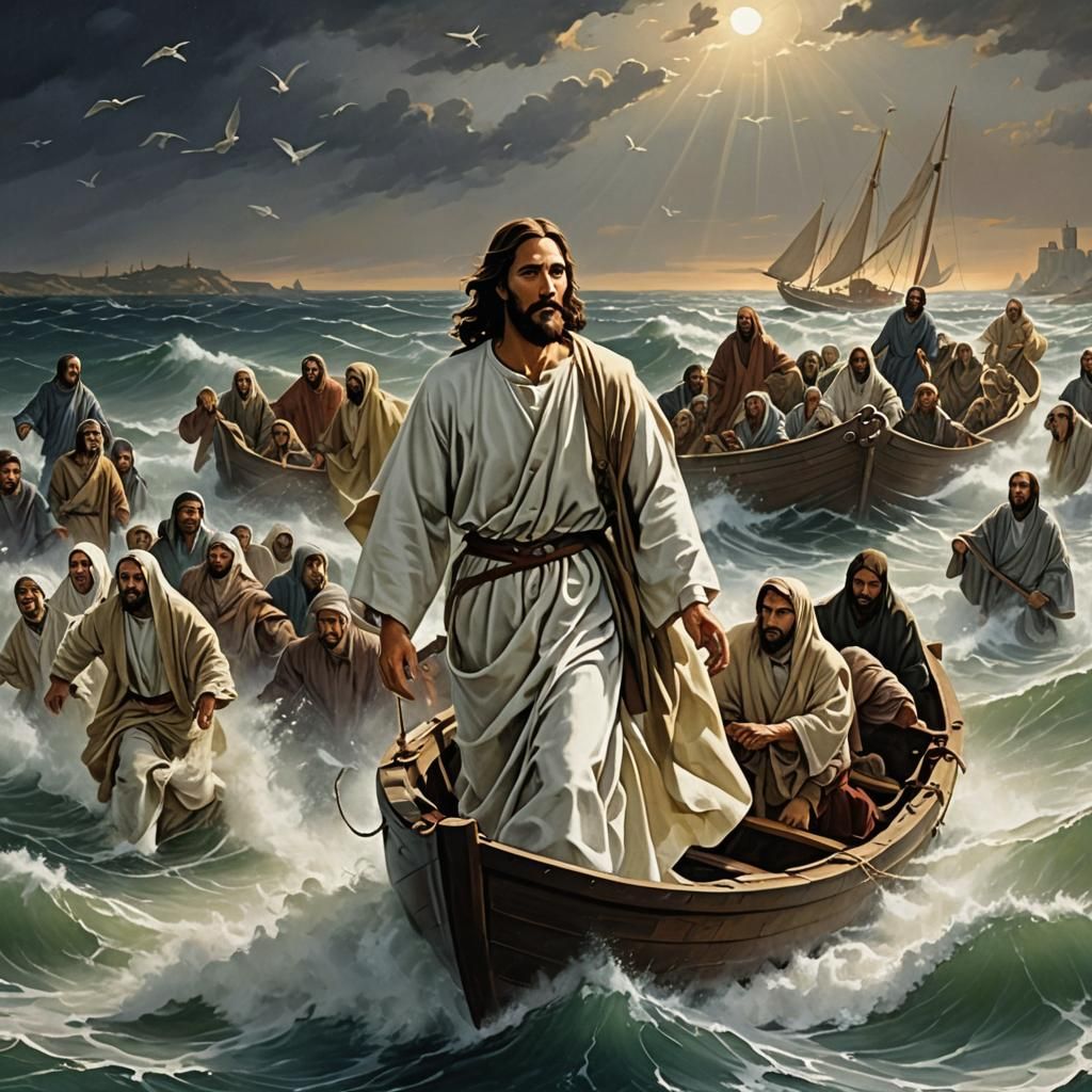 Jesus Walking on Water in Steampunk Style