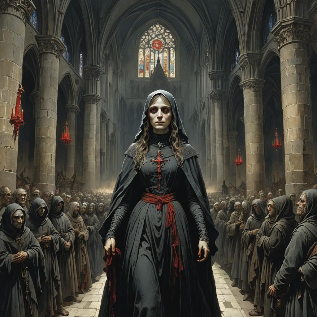 Medieval Cult Girl with Red Eyes in Church