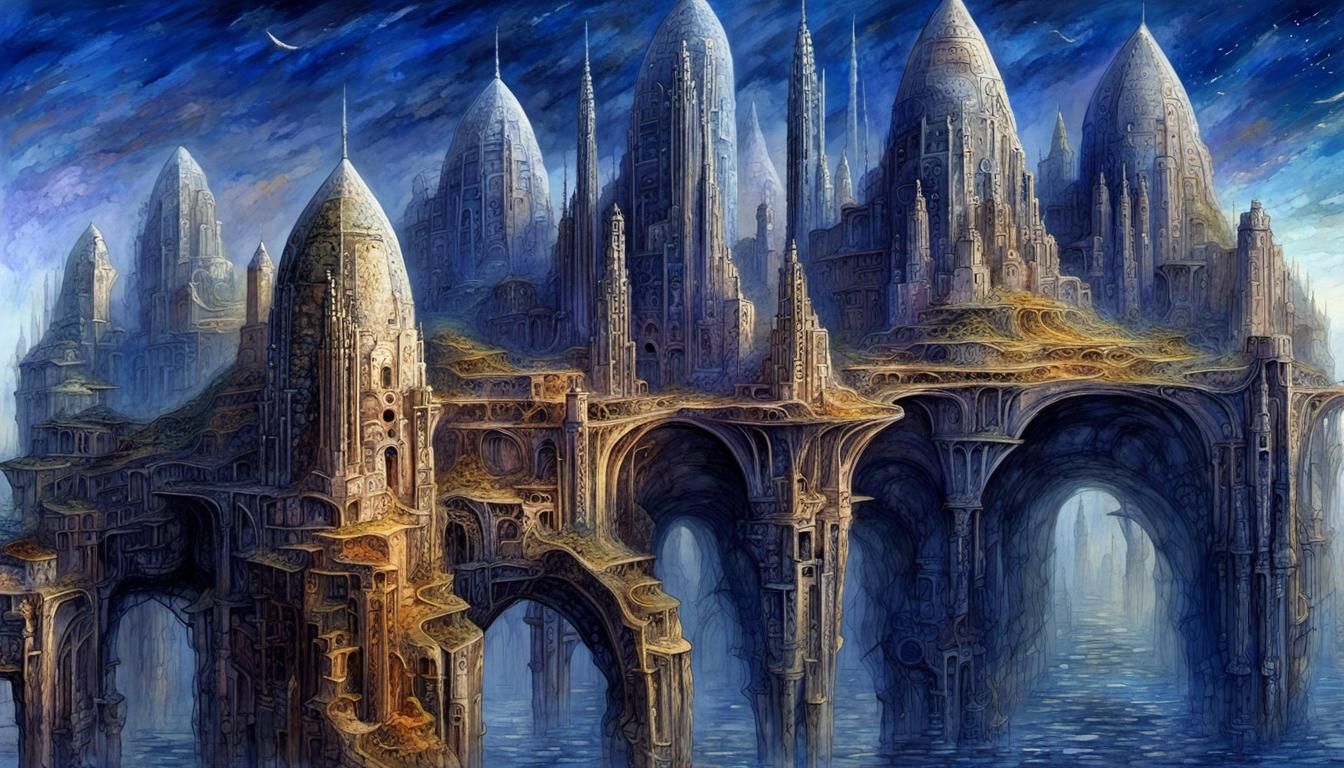 Monumental Prehistoricore Dreamscape in Art Deco Style