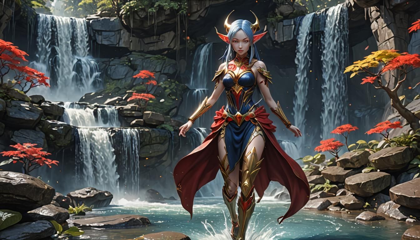 Alien Elf Woman at Indigo Waterfall: 3D Anime Art