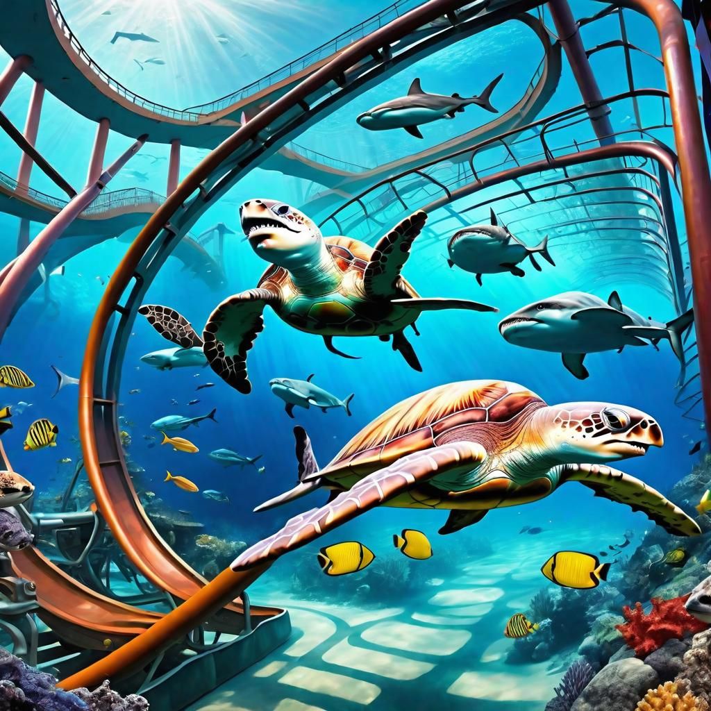 Underwater Theme Park with Sharks and Roller Coaster