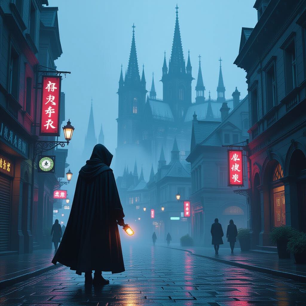 Hooded Figure in Neon-Lit Cyberpunk City