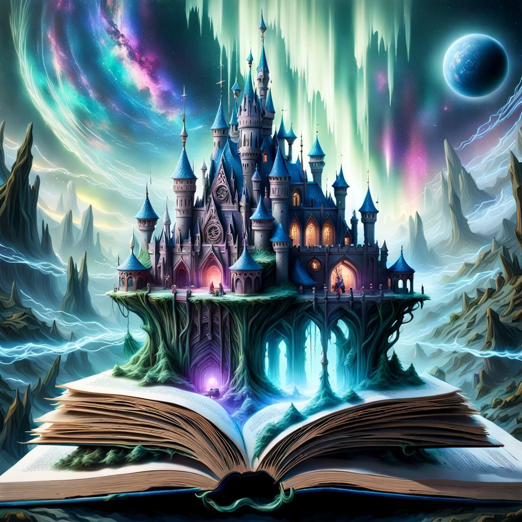 Magical Intergalactic Castle Aurora Borealis Digital Illustr...