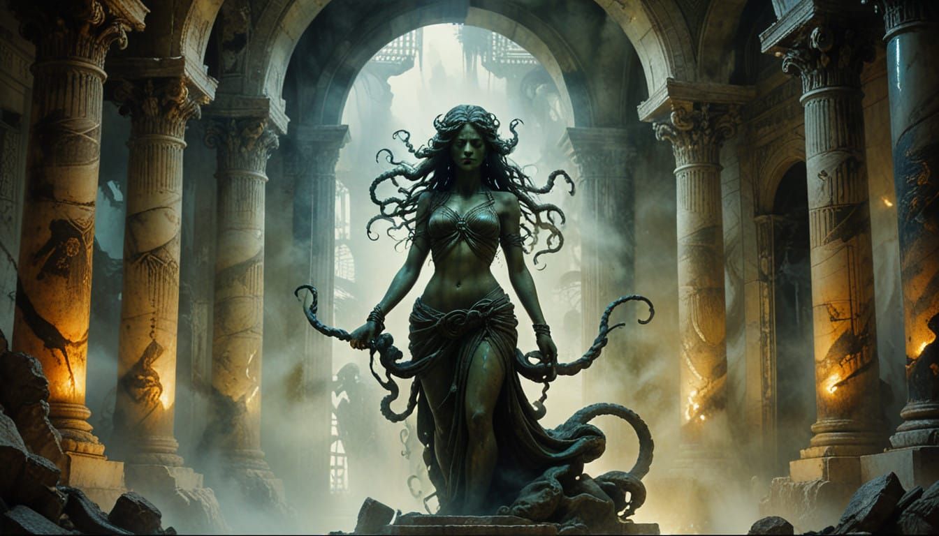 Surreal Marble Medusa Silhouette in Greecian Temple